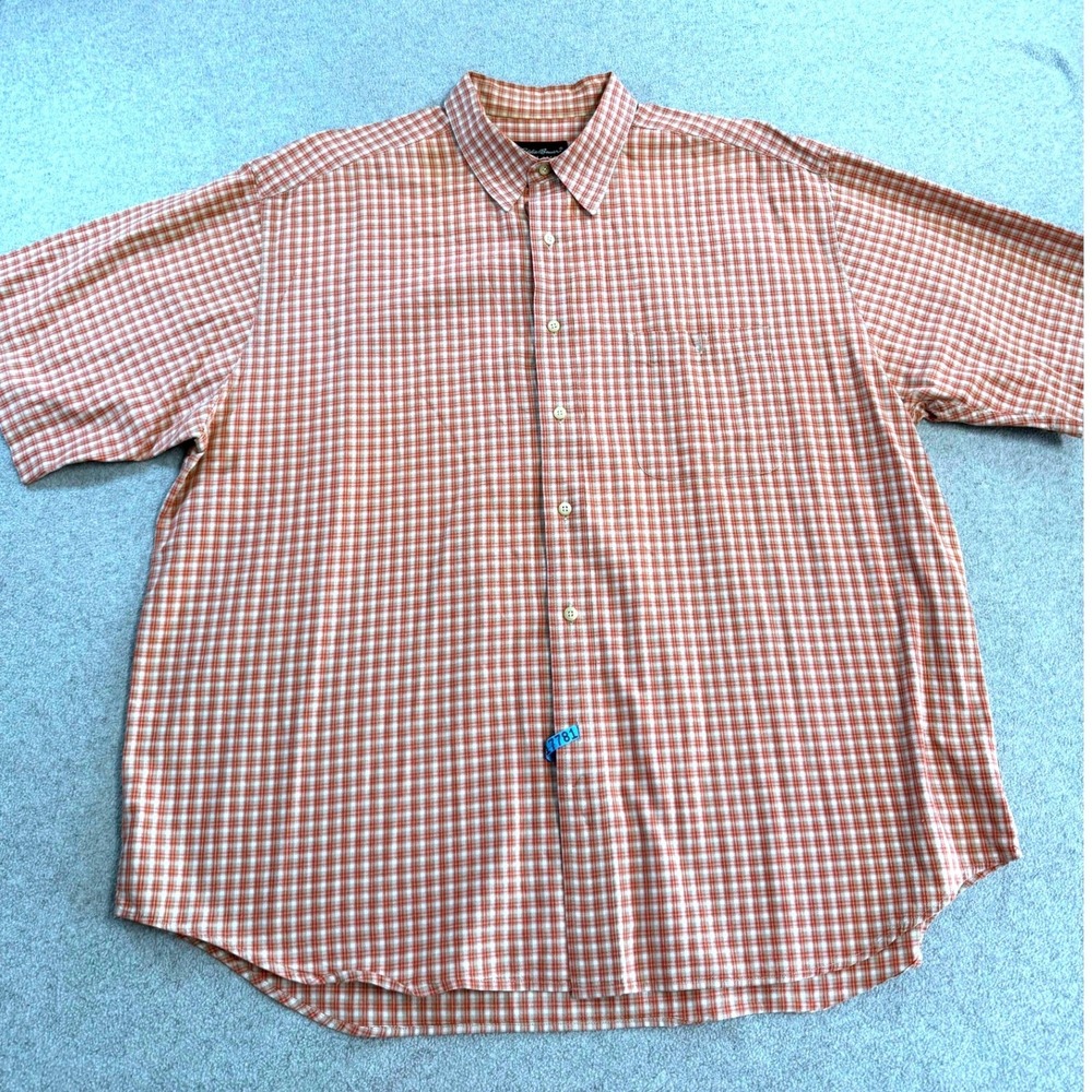 Eddie Bauer Shirt Men XXL Plaid Button Up Orange‎ Plaid Short Sleeve Cotton